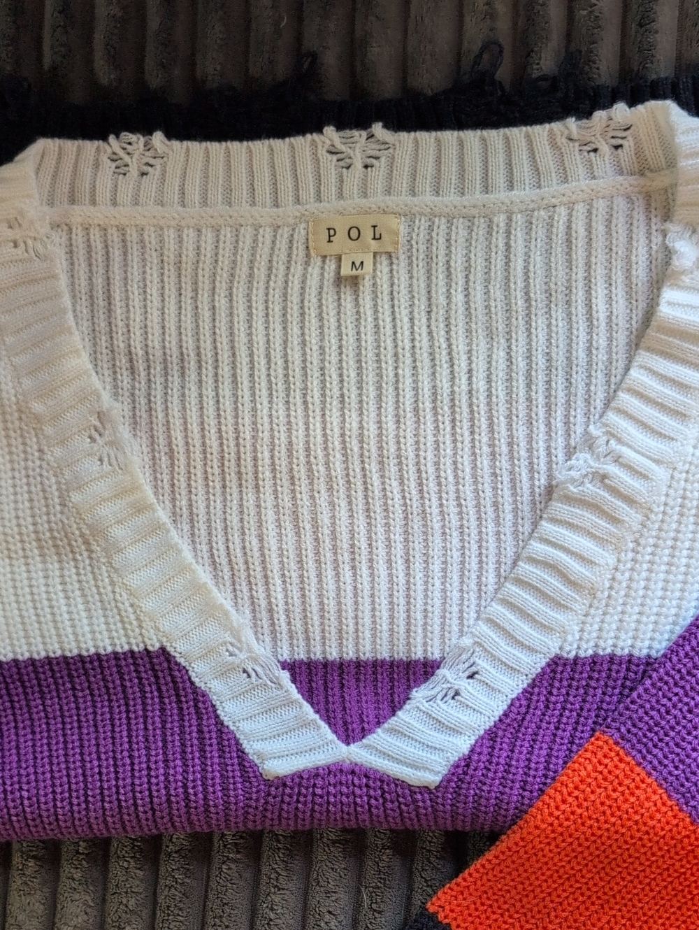 POL Colorblock V-Neck Sweater in Cream, Purple & Orange Accent Open Package 🥳